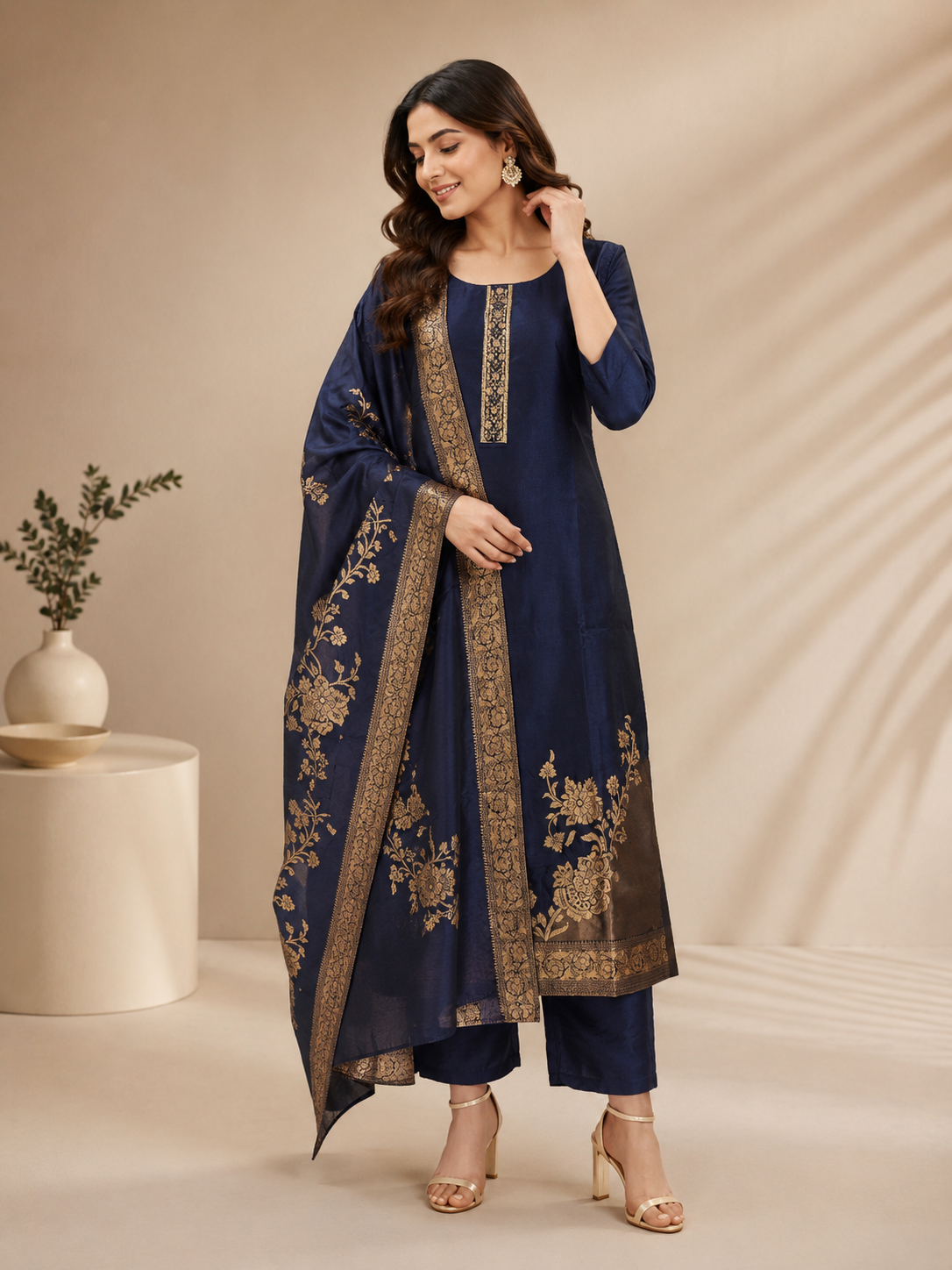 Women's Ink Blue Silk Floral Woven Kurta Pant Set
